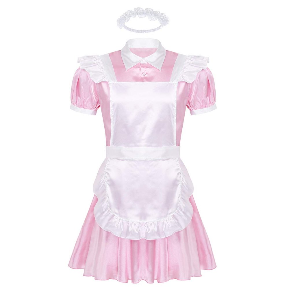Yartina Men's Silky Satin French Maid Dress Sissy Crossdressing Lingerie Nightwear Pajamas Pink XX-Large