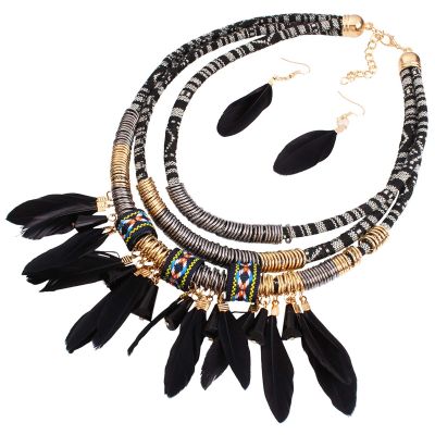 African Tribal Style Feather Pendant Multi Layers Necklace Earring Set Statement Bib Necklaces Feathered Dangle Earring Boho Collar Chains for Women Men-Black