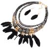 African Tribal Style Feather Pendant Multi Layers Necklace Earring Set Statement Bib Necklaces Feathered Dangle Earring Boho Collar Chains for Women Men-Black view 1