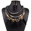 African Tribal Style Feather Pendant Multi Layers Necklace Earring Set Statement Bib Necklaces Feathered Dangle Earring Boho Collar Chains for Women Men-Black view 3