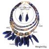 African Tribal Style Feather Pendant Multi Layers Necklace Earring Set Statement Bib Necklaces Feathered Dangle Earring Boho Collar Chains for Women Men-Black view 4