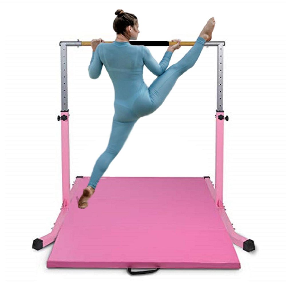 Pro-Gymnastics Expandable Kip Bar Adjustable Height for Gymnastics 3 to 5 FT Gymnastics Bar, with 6 FT x 4 FT Tumble Mat, Horizontal Junior Training Bar Cushioned Bar & Curved Legs (Pink)