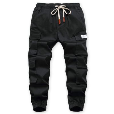 TLAENSON Boys Cargo Pants Cotton Casual Pants Drawstring Loose Jogging Bottoms Elastic Cuffed Cargo Joggers Black 6-7 Years