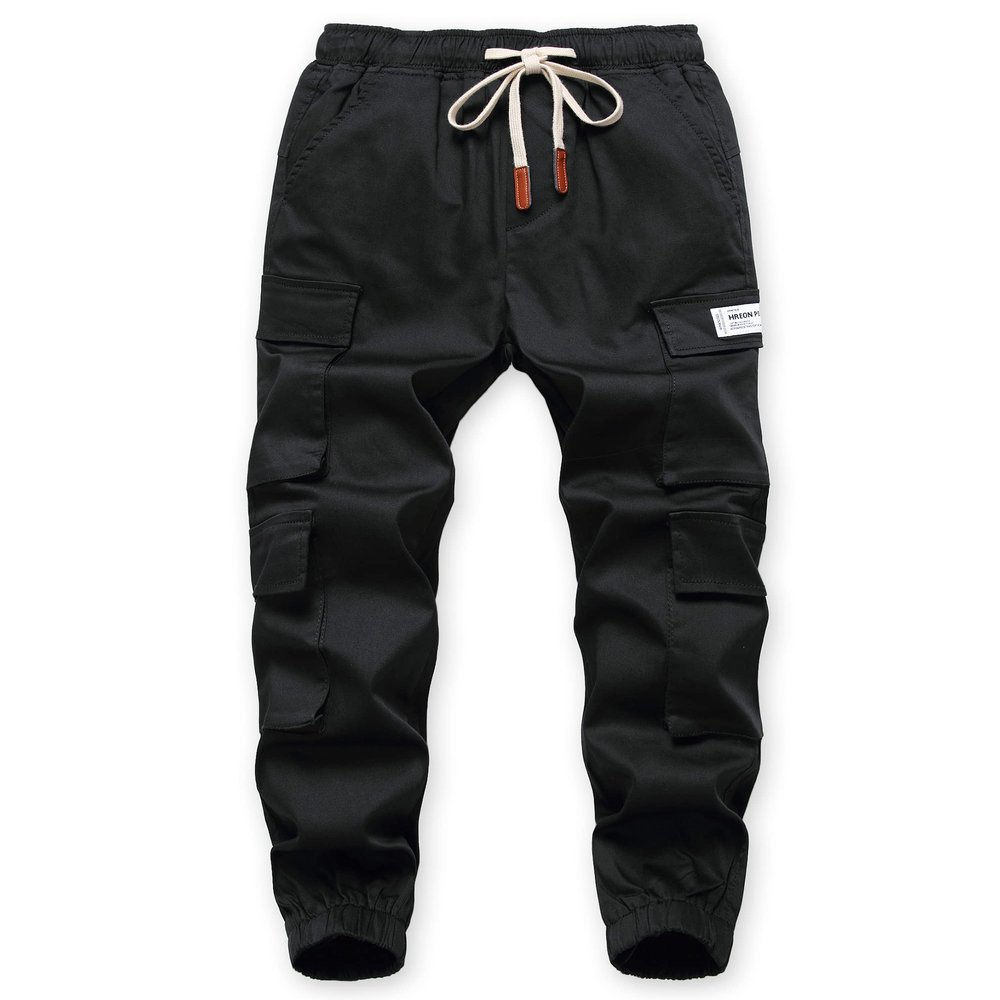 TLAENSON Boys Cargo Pants Cotton Casual Pants Drawstring Loose Jogging Bottoms Elastic Cuffed Cargo Joggers Black 6-7 Years