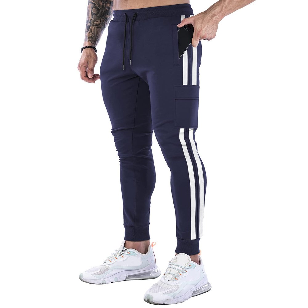 BOOMLEMON Men's Jogger Track Pants Athletic Slim Fit Gym Trousers Workout Training Tapered Sweatpants with Pockets(Dark Blue L)