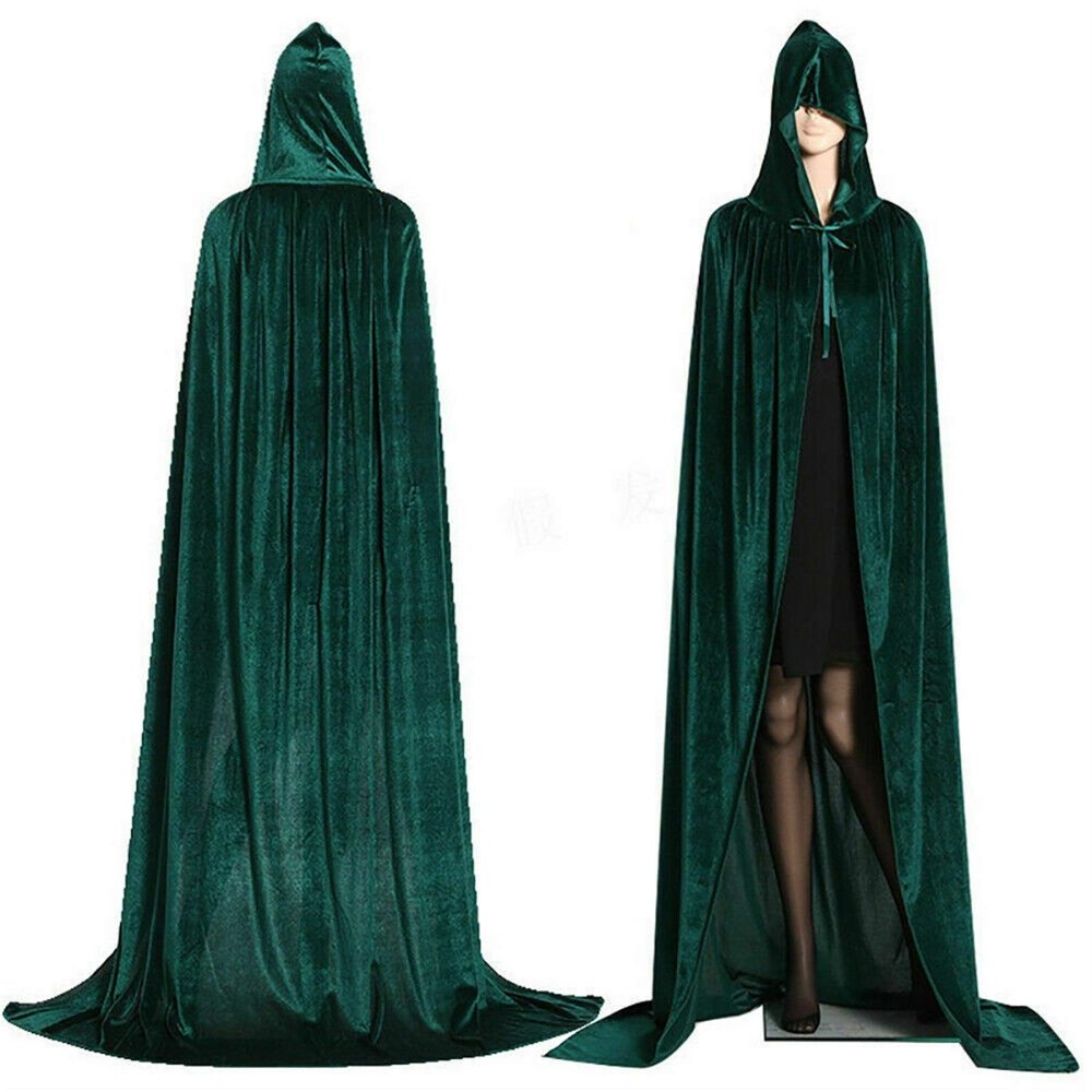 Duoer Gothic Hooded Cloak Adult Elf Witch Long Purim Carnival Halloween Cloaks Capes Robe LARP Women Men Vampires Grim Reaper Party (Color : Green)