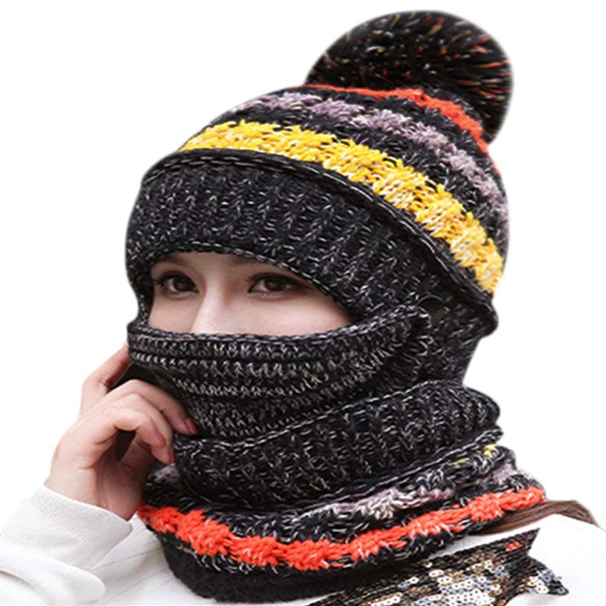 3 in 1 Winter Knitted Beanie Hat Scarf Mouth Face Warmer Set for Women Girls, Thermal Fleece Lined Ski Caps with Pompom Neck Warmer (Fashion Black)