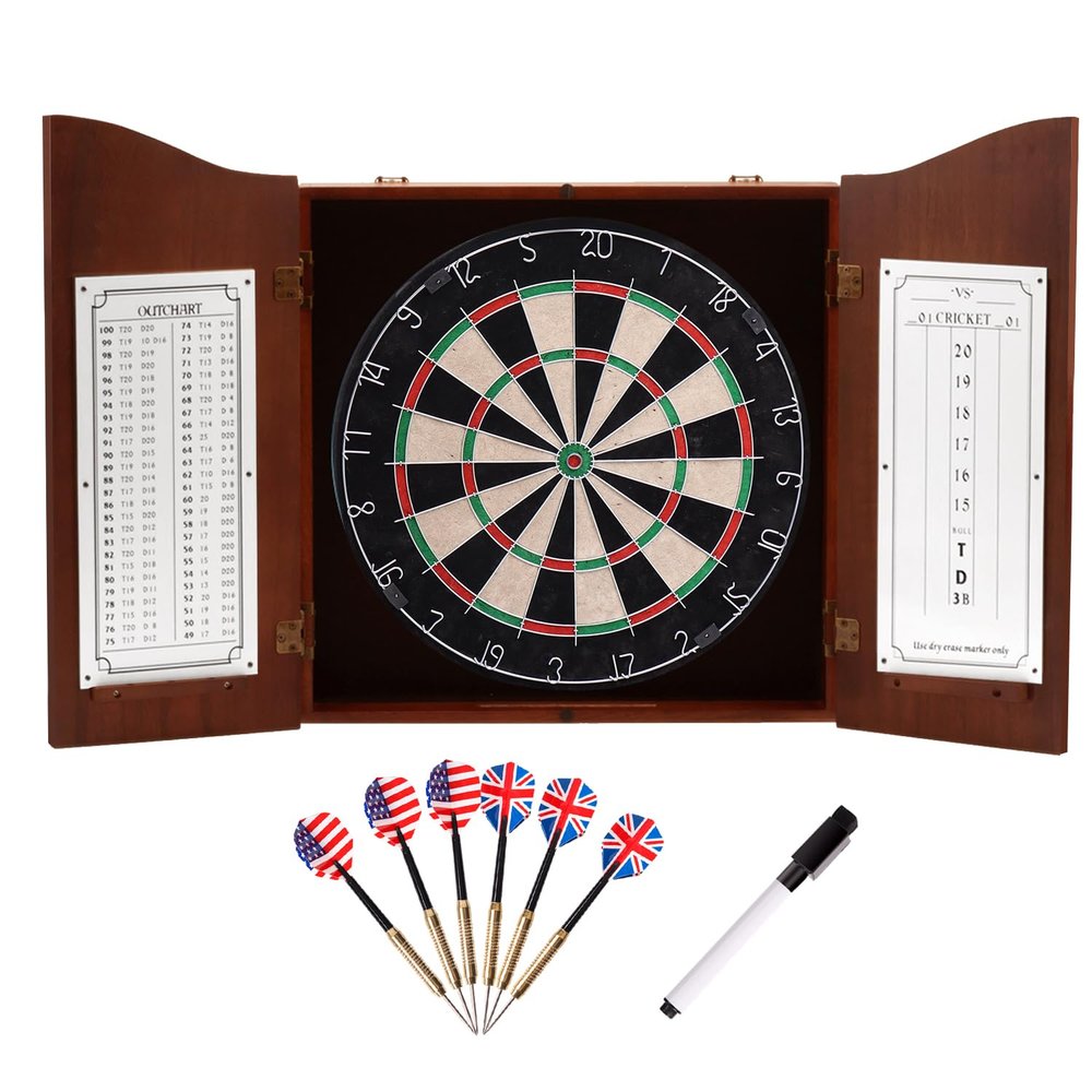 GSE Games & Sports Expert Professional Solid Wood Classic Dartboard Cabinet with Sisal/Bristle Dartboard, Scoreboard, and 6 Steel Tip Darts, Easy Assembly Complete with All Accessories (Deluxe Walnut)