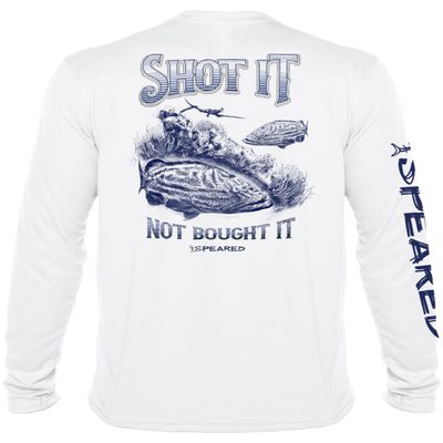 Spearfishing Grouper UV Sun Shirt: UPF 50+ Men's Long Sleeve Mens Rash Guard for Diving, Fishing: Shot Not Bought: White - L