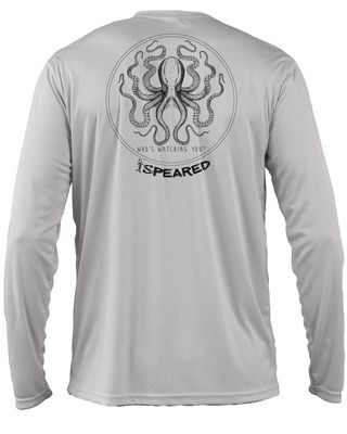 Spearfishing Octopus UV Sun Shirt: UPF 50+ Men's Long Sleeve Mens Rash Guard for Scuba Diving, Fishing: Kraken: Lt. Gray - 2XL