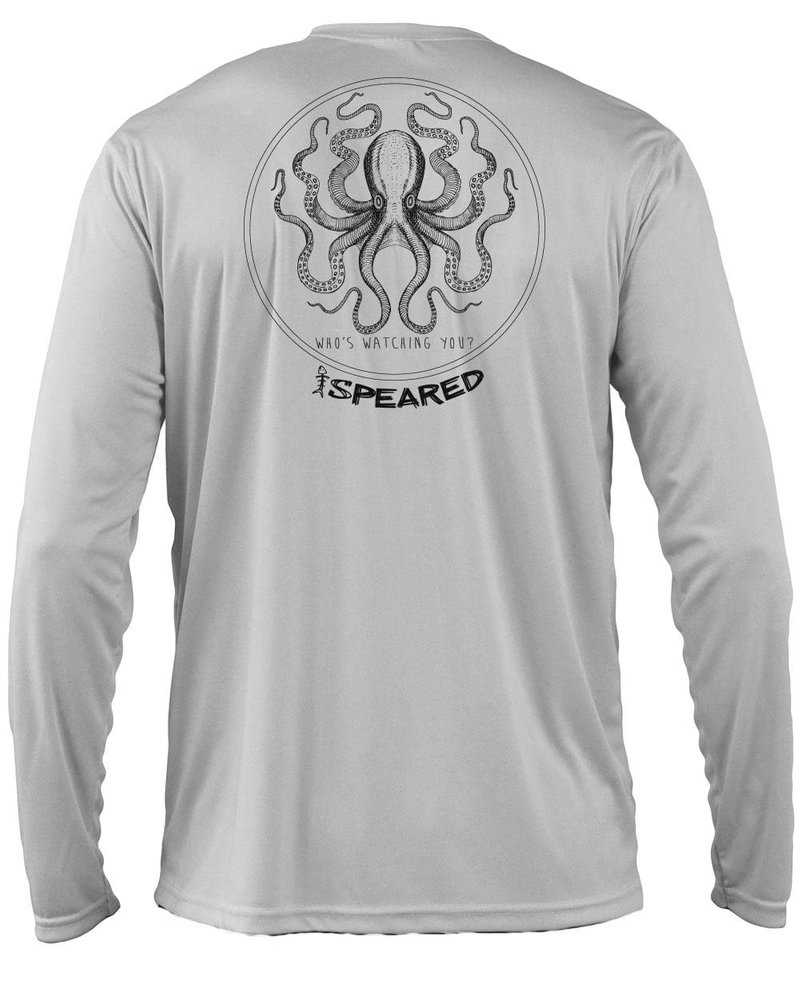Spearfishing Octopus UV Sun Shirt: UPF 50+ Men's Long Sleeve Mens Rash Guard for Scuba Diving, Fishing: Kraken: Lt. Gray - 2XL