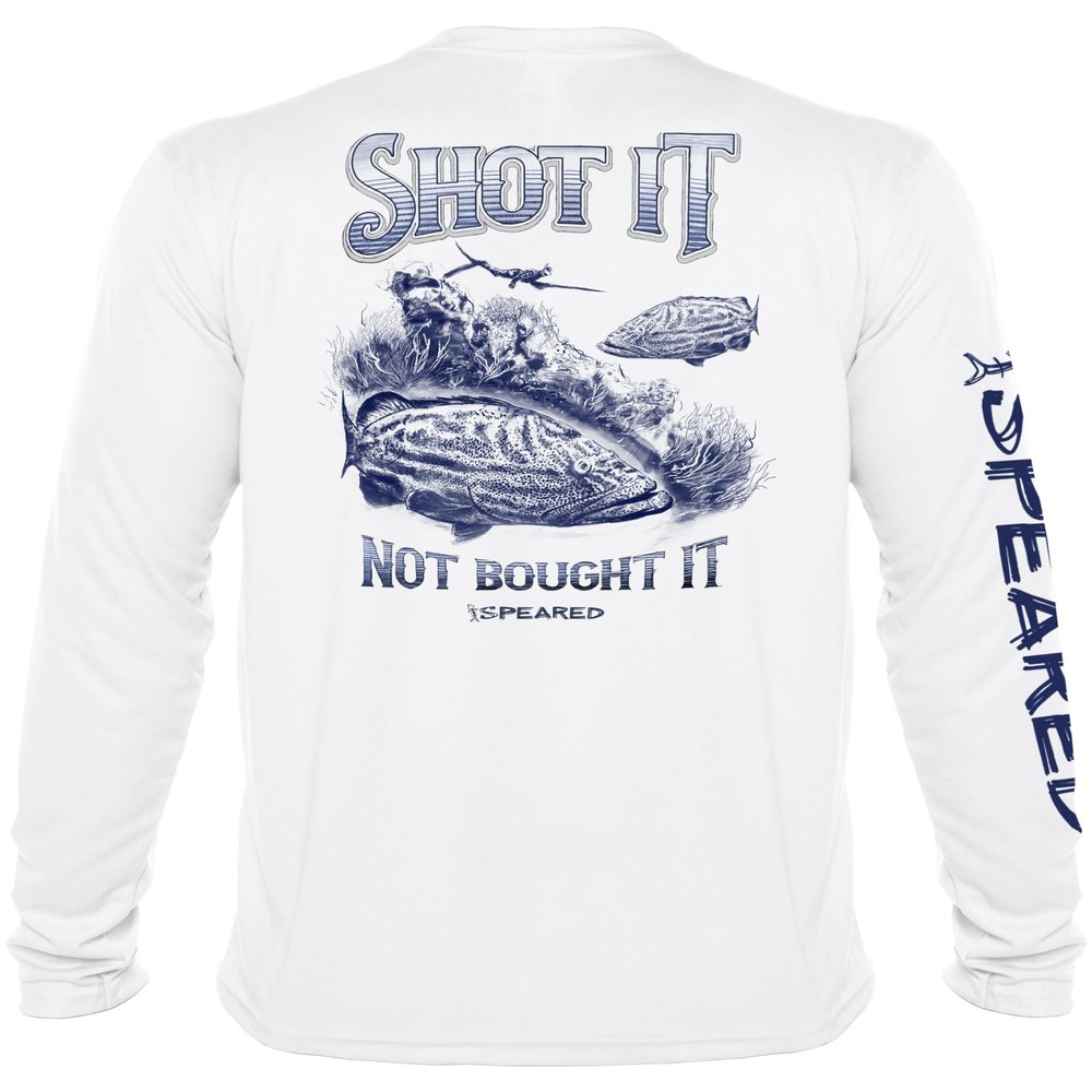 Spearfishing Grouper UV Sun Shirt: UPF 50+ Men's Long Sleeve Mens Rash Guard for Diving, Fishing: Shot Not Bought: White - S