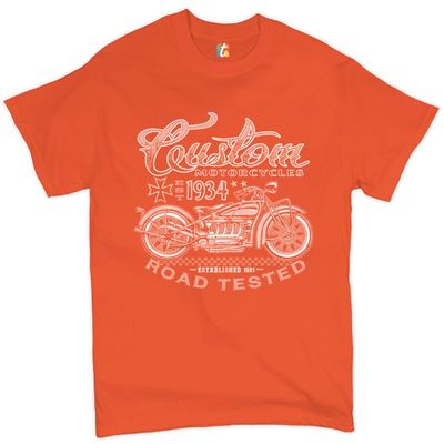 Custom Motorcycles Road Tested T-Shirt Bobber Biker Gang MC Men's Tee Orange Small
