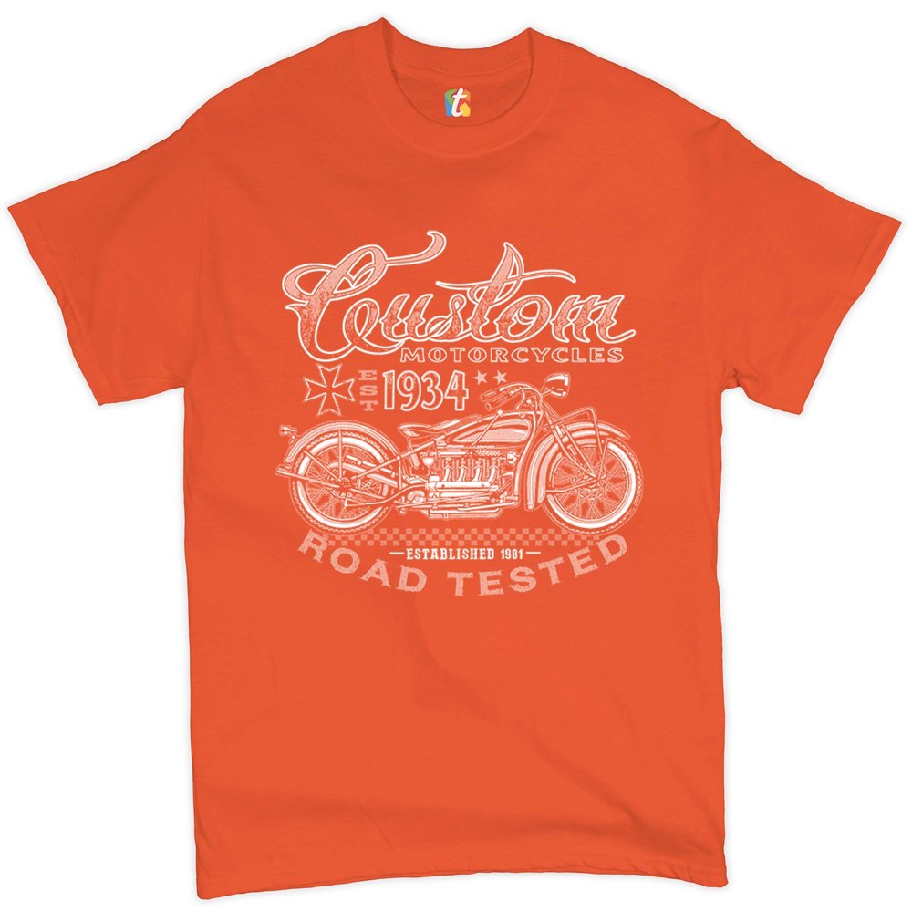 Custom Motorcycles Road Tested T-Shirt Bobber Biker Gang MC Men's Tee Orange Small