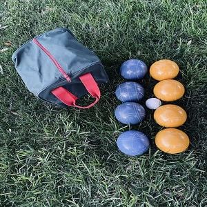BuyBocceBalls Listing - Made in USA, Premium Quality Official Tournament Bocce Set - 107mm Blue and Dark Yellow Balls Nylon Bag; Regulation Size Balls 920 Grams (2 lbs. 1 oz.)