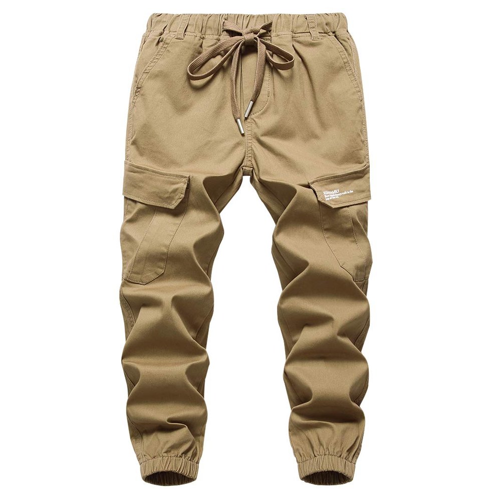 LOKTARC Big Boys Pull On Cargo Pants Kids Slim Fit Drawstring Jogger Khaki 10-11 Years/Size 150