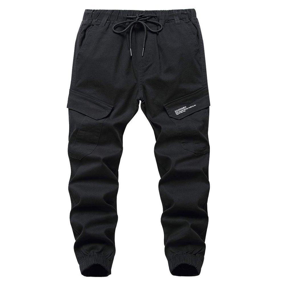 LOKTARC Big Boys Pull On Cargo Pants Kids Slim Fit Drawstring Jogger Black 8-9 Years/Size 140