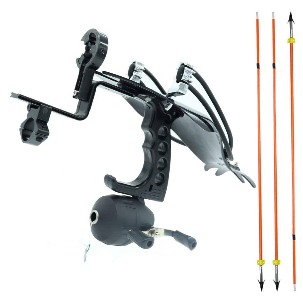 HANDBAIGE Hunting Fishing Slingshots Kits Arrows Slingshot Powerful Catapult Wrist High Velocity Sling Bow with Arrows Brush, Fishing Reel, Flashlight Bracket, 7 x Rubber Bands, 3 x Fishing Arrows