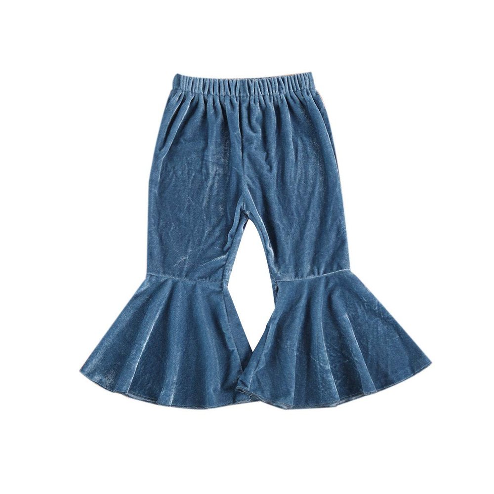 Arvbitana Toddler Baby Girls Bell Bottom Pants Ruffle Flared Pants Wide Leg Pants Leggings Trousers Little Girl Casual Outfit (Velvet Flared Pants Blue, 3-4T)