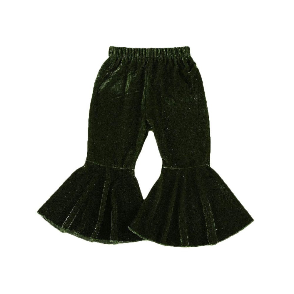 Arvbitana Toddler Baby Girls Bell Bottom Pants Ruffle Flared Pants Wide Leg Pants Leggings Trousers Little Girl Casual Outfit (Velvet Flared Pants Army Green, 1-2T)