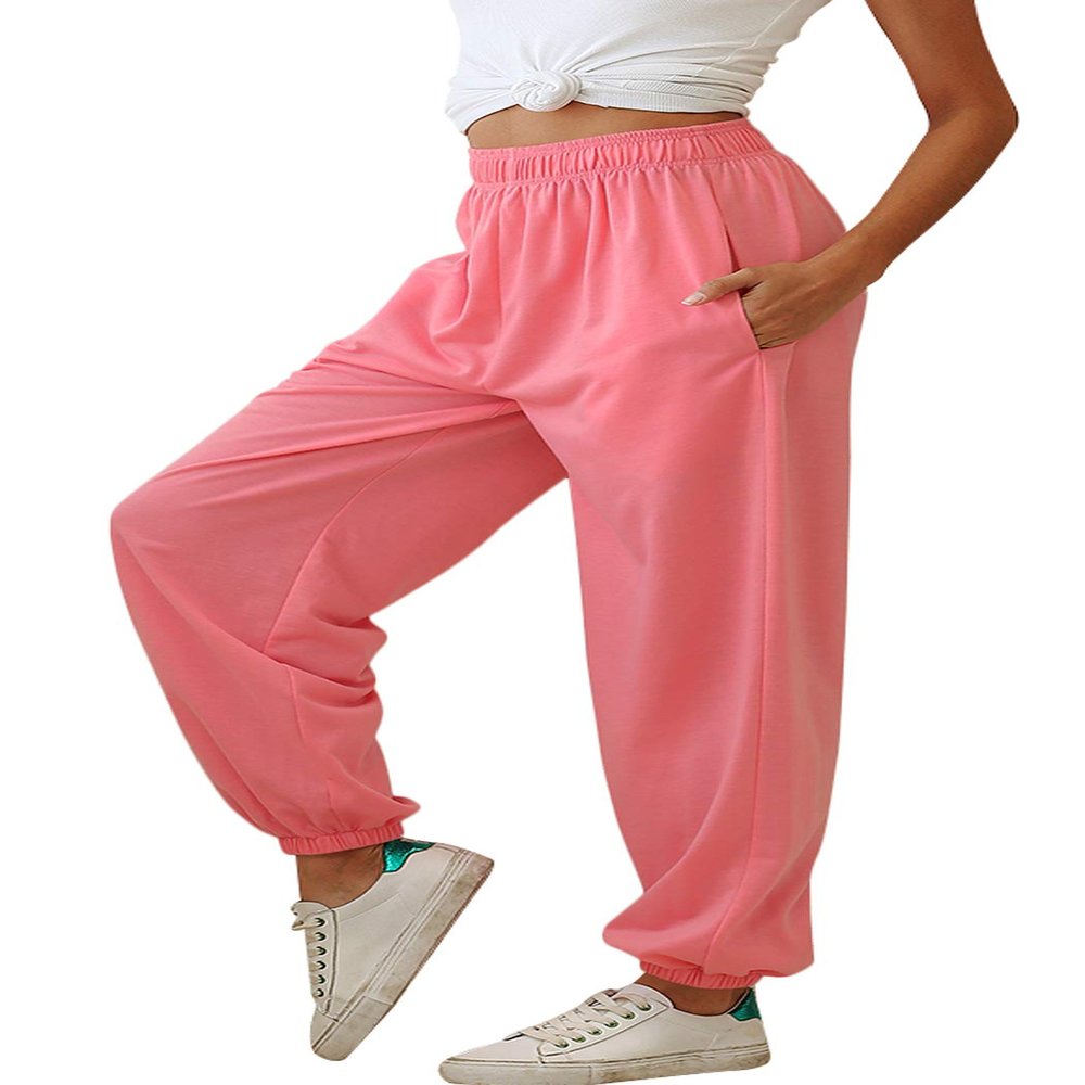 ebossy Women's Active Elastic High Waist Loose Fit Fleece Running Jogger Sweatpant Pockets (XX-Large, Thin Pink)