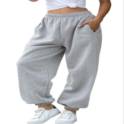ebossy Women's Active Elastic High Waist Loose Fit Fleece Running Jogger Sweatpant Pockets (Medium, Light Grey)
