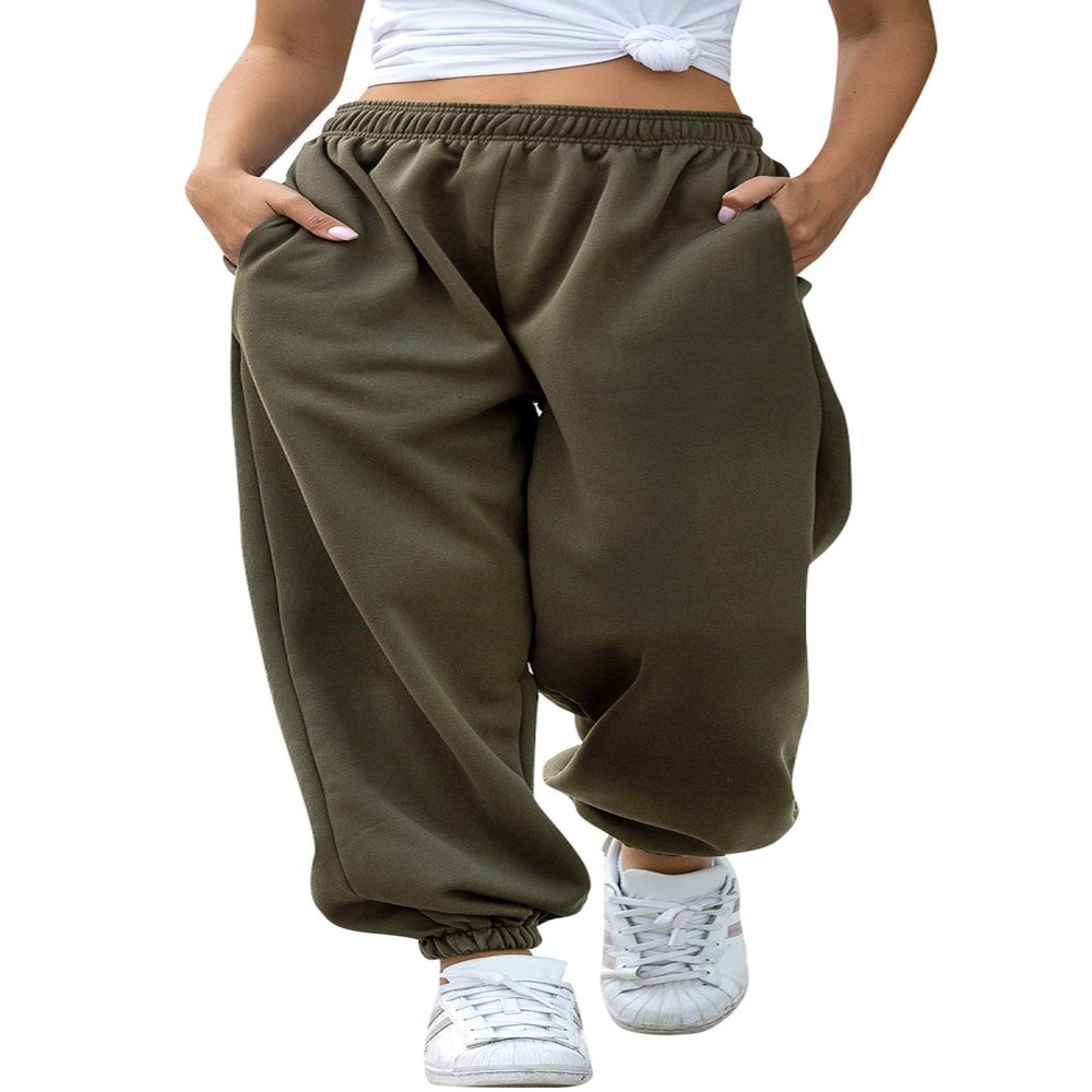 ebossy Women's Active Elastic High Waist Loose Fit Fleece Running Jogger Sweatpant Pockets (Small, Army Green)