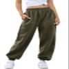 ebossy Women's Active Elastic High Waist Loose Fit Fleece Running Jogger Sweatpant Pockets (Small, Army Green) view 2