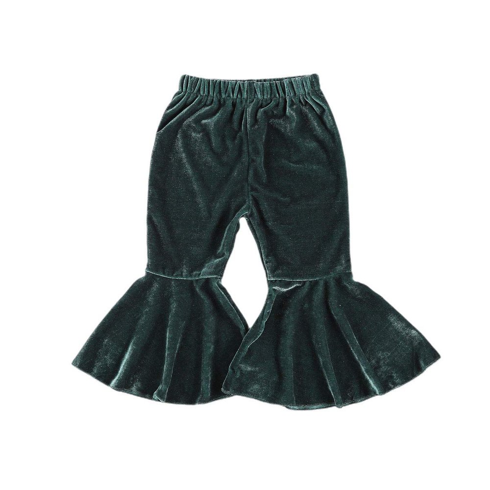 Arvbitana Toddler Baby Girls Bell Bottom Pants Ruffle Flared Pants Wide Leg Pants Leggings Trousers Little Girl Casual Outfit (Velvet Flared Pants Green, 2-3T)