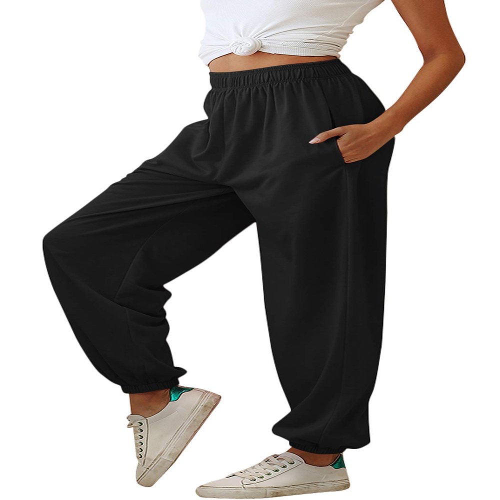 ebossy Women's Active Elastic High Waist Loose Fit Fleece Running Jogger Sweatpant Pockets (XX-Large, Thin Black)