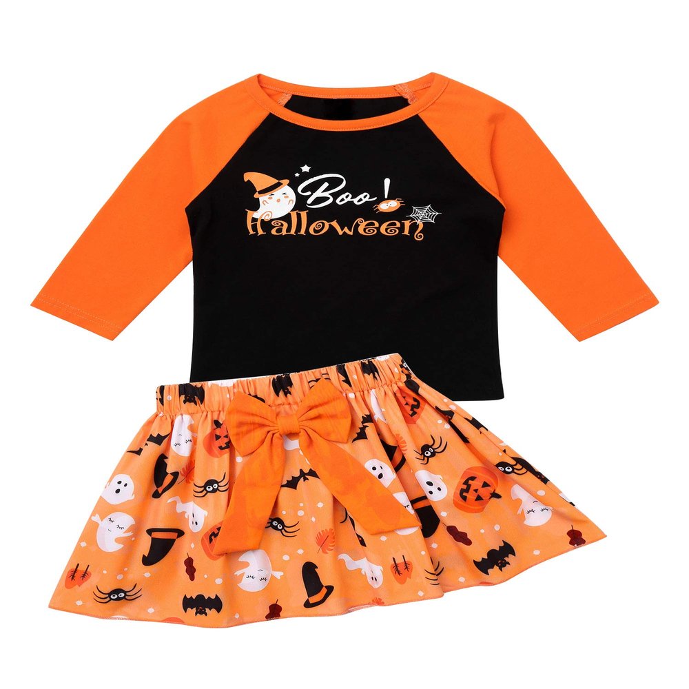 ranrann Baby Girl Long Sleeves Halloween Clothing Set Shirt Top Pumpkin Bat Tutu Skirt Outfits Orange 3