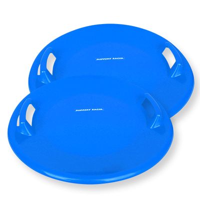 Slippery Racer Heavy-Duty Cold Resistant Downhill Pro Adults and Kids Plastic Outdoor Winter Saucer Disc Snow Sled with Handles-2 Pack (Blue 2 Pack)