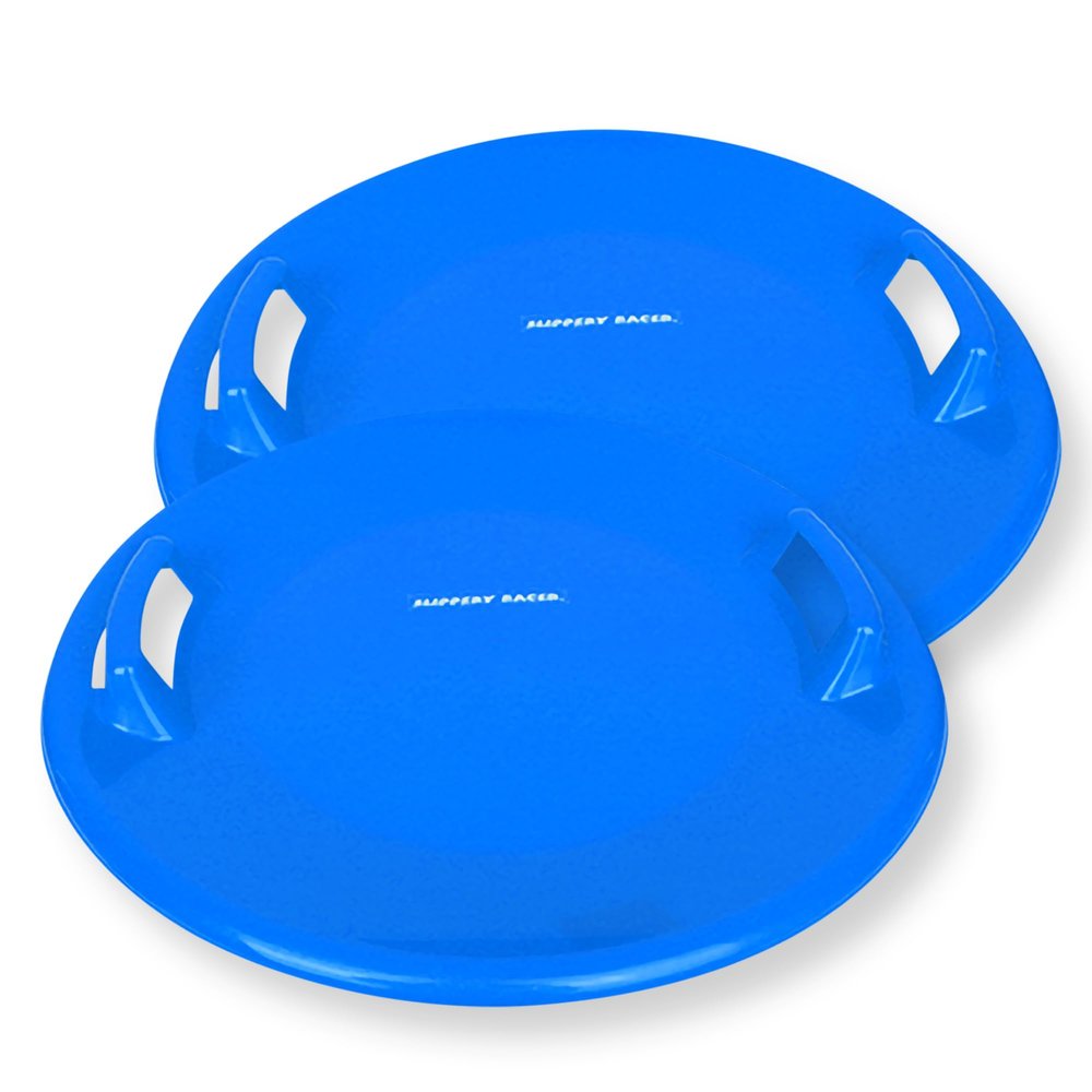 Slippery Racer Heavy-Duty Cold Resistant Downhill Pro Adults and Kids Plastic Outdoor Winter Saucer Disc Snow Sled with Handles-2 Pack (Blue 2 Pack)