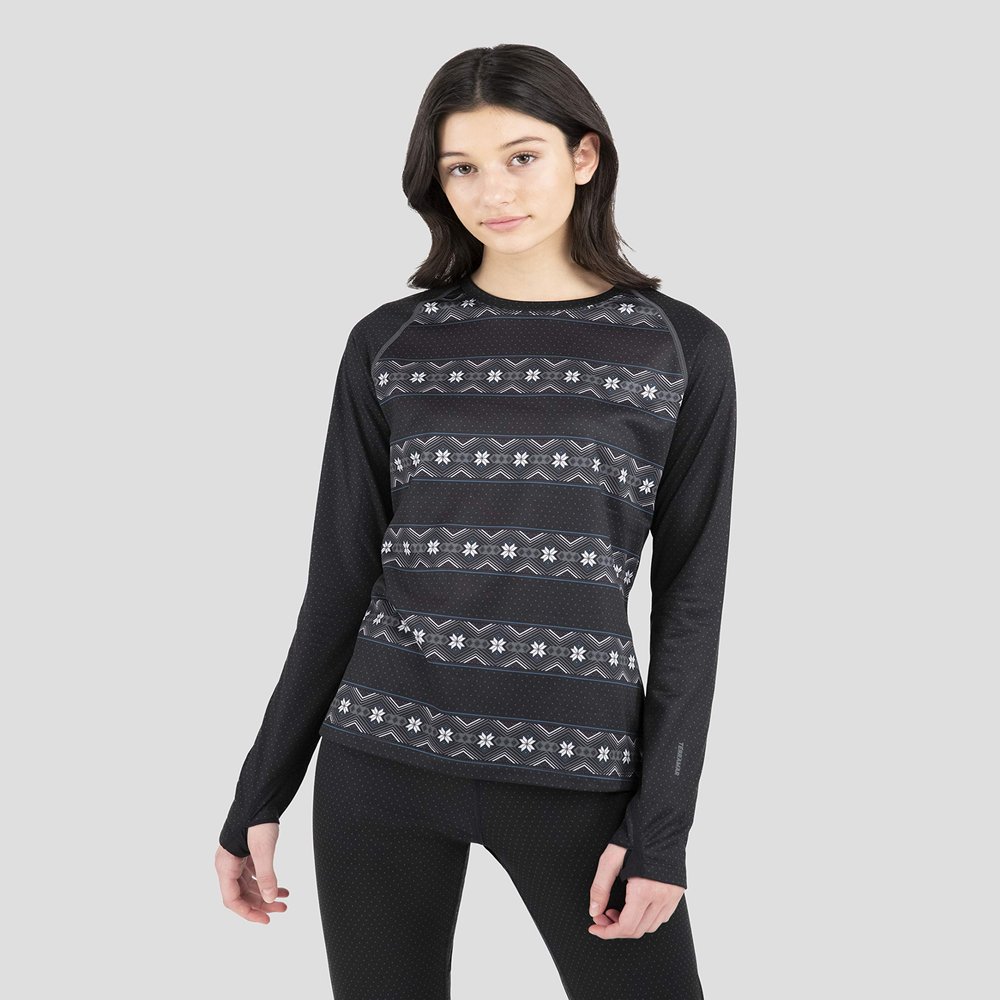 Terramar Women's Genesis Long Sleeve Crew Top, Black Freestyle, Small