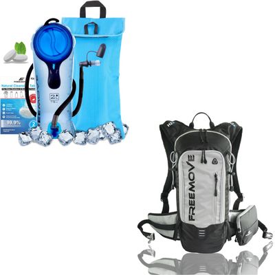 FREEMOVE 2L Hydration Bladder with Cooler Bag - BLUE + Daypack Backpack - GRAY, 10L Capacity & Many Compartments