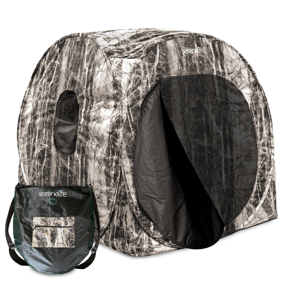 SereneLife 1 Person Hunting Blind for Deer and Turkey Shooting, See-Through Hunting Gear with Carry Bag, Pop-Up Portable Ground Equipment and Accessories (Camouflage)