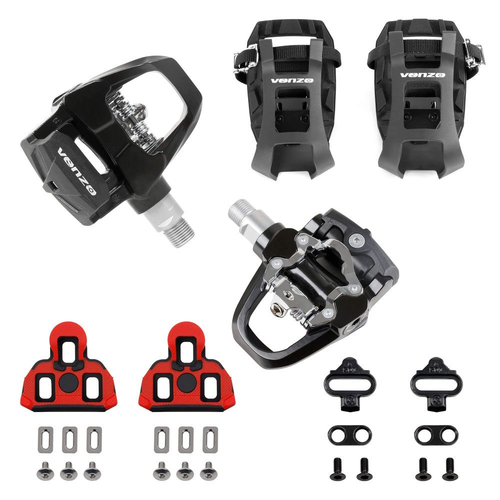 Venzo Compatible with Shimano SPD-SL & Shimano SPD System for Indoor Fitness Exercise Bike Bicycle Pedals & Cleats with 9/16" Heavy Duty Spindles Sealed Bearing - Pedals + Cages