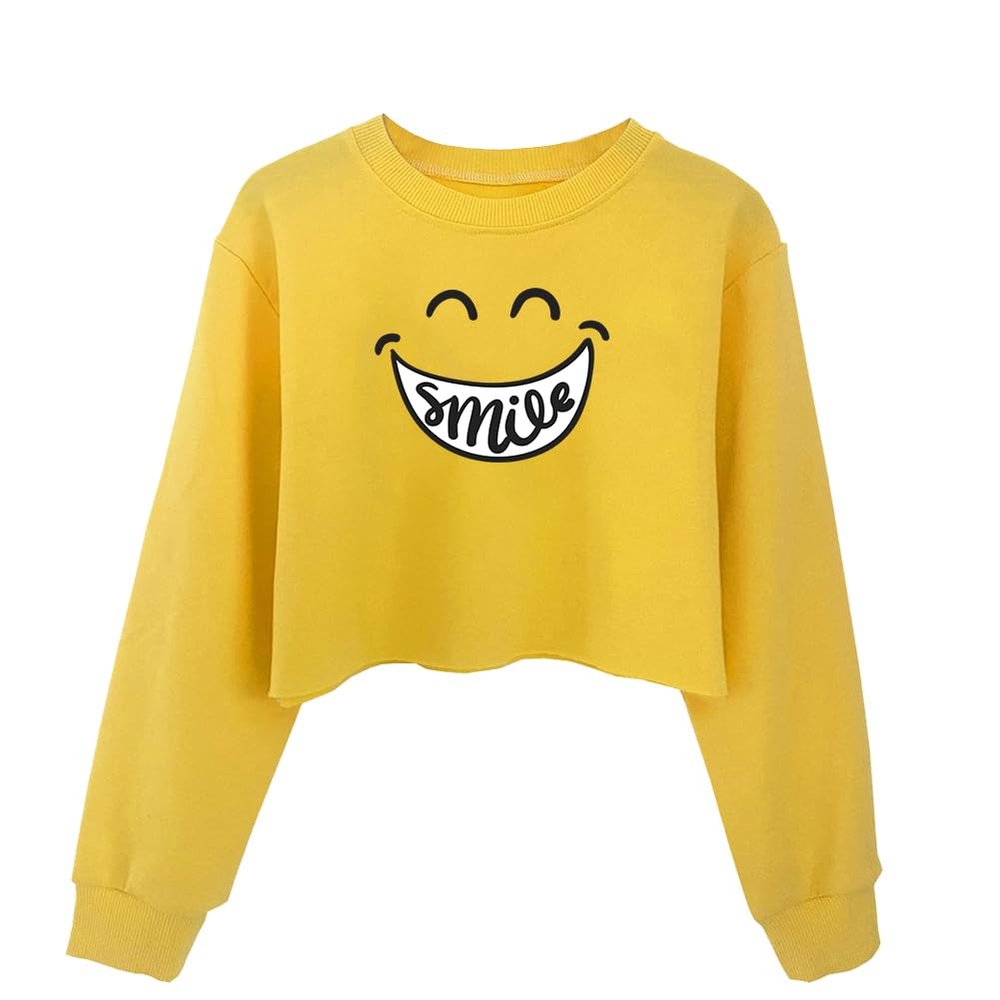 G-Amber Girls Long Sleeve Sweatshirts Kids Crop Print Funny Letters Fashion Pullover Tops Yellow Smile Cartoon Graphic