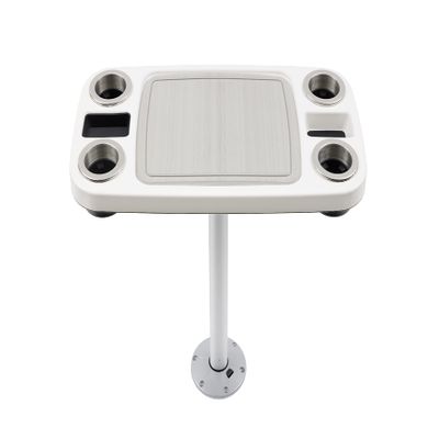 Manufacturers' Select ITC Boat Table Set - 18"x34" Removable Pontoon Boat Table with Center Non-Slip Mat, Pedestal Leg, 4 Drink Holders, & 2 Phone Stands (Glossy White, Silver Leg, Titanium Grey Mat)