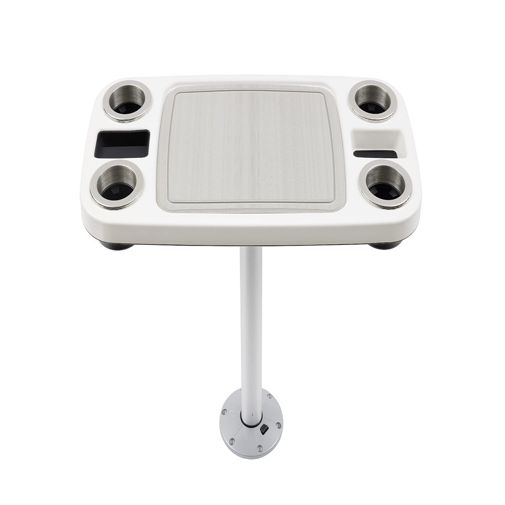Manufacturers' Select ITC Boat Table Set - 18"x34" Removable Pontoon Boat Table with Center Non-Slip Mat, Pedestal Leg, 4 Drink Holders, & 2 Phone Stands (Glossy White, Silver Leg, Titanium Grey Mat)