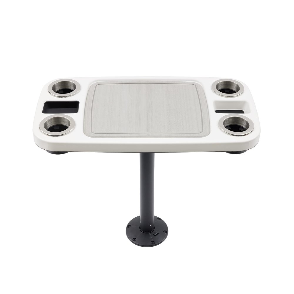 Manufacturers' Select ITC Boat Table Set - 18"x34" Removable Pontoon Boat Table with Center Non-Slip Mat, Pedestal Leg, 4 Drink Holders, & 2 Phone Stands (Glossy White, Black Leg, Titanium Grey Mat)