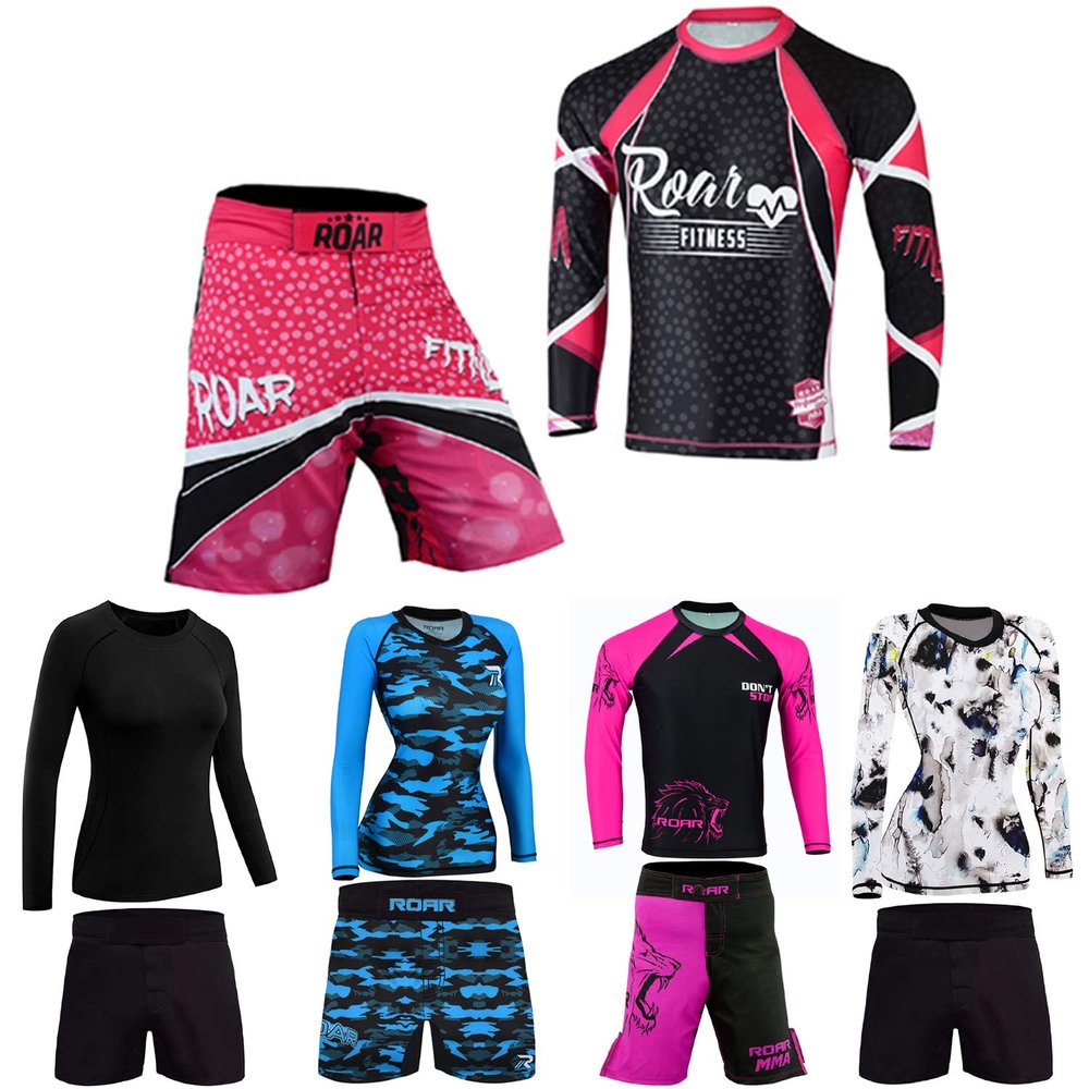 ROAR No Gi Full Set Ladies Sports Bra BJJ Leggings MMA Shorts & Grappling Rash Guard Female Fight Wear (Only For Ladies) (PF-Pink-2Pcs-Set, X-Large)