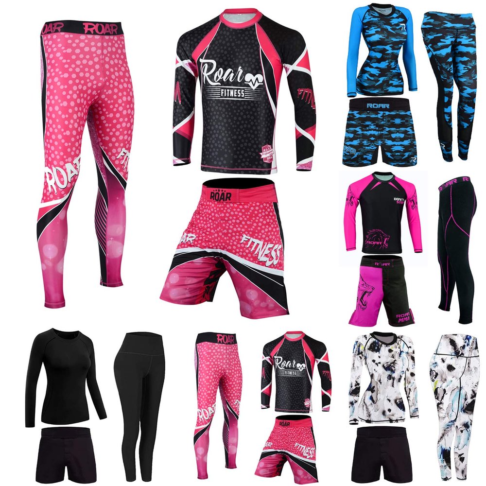 ROAR No Gi Full Set Ladies Sports Bra BJJ Leggings MMA Shorts & Grappling Rash Guard Female Fight Wear (Only For Ladies) (PF-Pink-3Pcs-Set, X-Large)