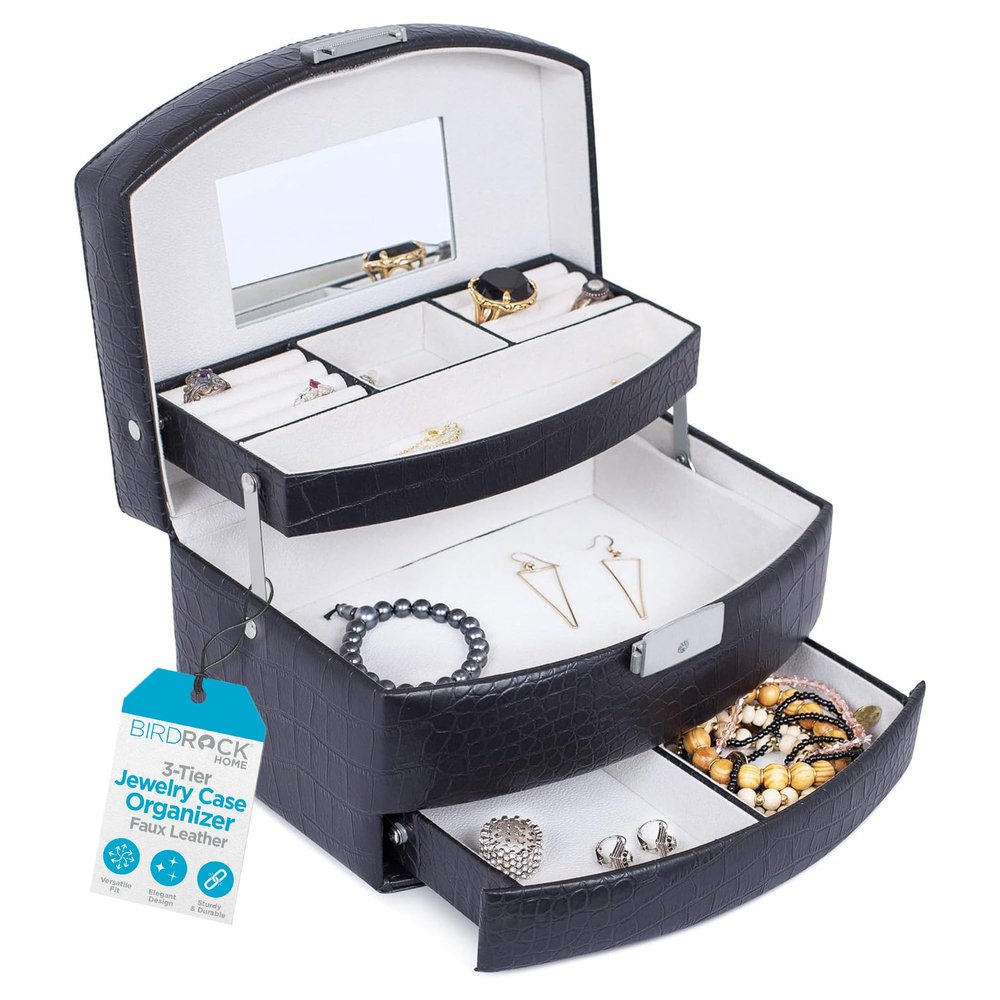 BIRDROCK Home Faux Leather 3-Tier Jewelry Case Organizer - Small Slide Open Jewelry Boxes Holder - Multi Storage Compartment for Rings, Earrings, Necklaces & Bracelets - Mirror - Women Girls - Black