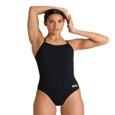 ARENA Women's Team Swimsuit Solid Light Drop Back Sports Athletic One Piece Swimwear Professional Training Bathing Suit, Black/Metallic Silver, US Size 18