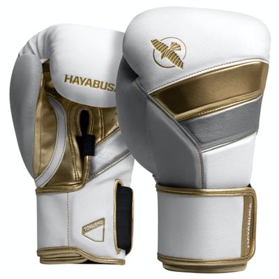 Hayabusa T3 Boxing Gloves for Men and Women Wrist and Knuckle Protection, Dual-X Hook and Loop Closure, Splinted Wrist Support, 5 Layer Foam Knuckle Padding - White/Gold, 14 oz