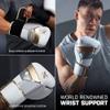Hayabusa T3 Boxing Gloves for Men and Women Wrist and Knuckle Protection, Dual-X Hook and Loop Closure, Splinted Wrist Support, 5 Layer Foam Knuckle Padding - White/Gold, 14 oz view 4