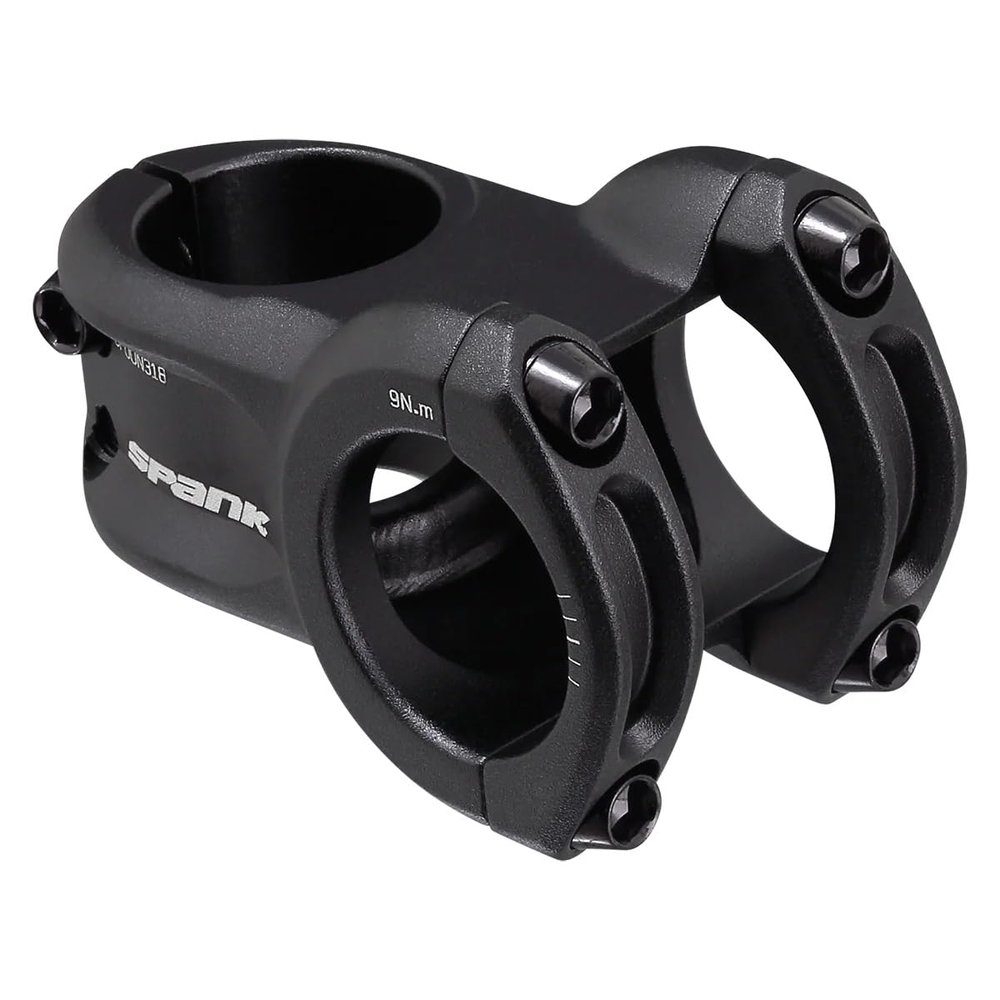 Spank Spoon 318 Stem Black (43mm), Chamfered bar clamp, Ultra-short stack height, Bicycle Stem, Ideal for ASTM 5, All mountain, enduro, trail, free ride, DJ, E-Bike