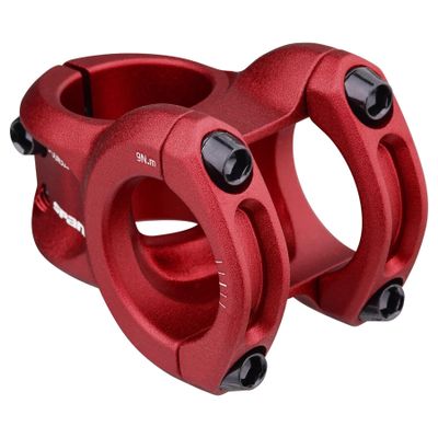 Spank Spoon 318 Stem Red(Diameter 31.8mm, Length: 33/43mm, Rise: 0), Chamfered bar clamp, Ultra-short stack height, Bicycle Stem, Ideal for ASTM 5, All mountain, enduro, trail, free ride, DJ, E-Bike