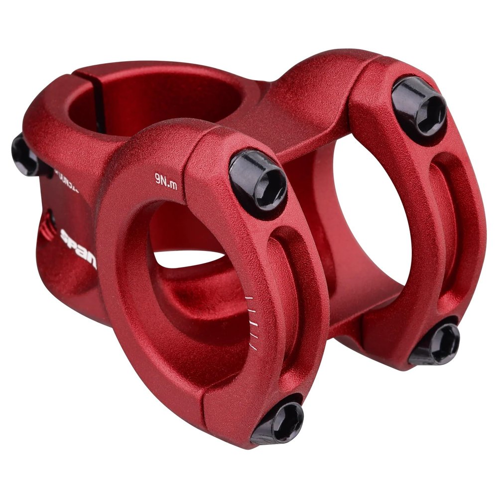 Spank Spoon 318 Stem Red(Diameter 31.8mm, Length: 33/43mm, Rise: 0), Chamfered bar clamp, Ultra-short stack height, Bicycle Stem, Ideal for ASTM 5, All mountain, enduro, trail, free ride, DJ, E-Bike